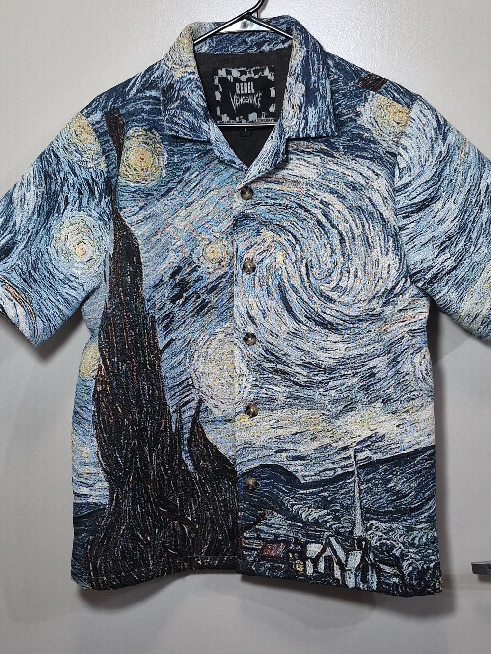 Rebel Vengeance Men's L Graphic Print Button-Up Shirt Short Sleeve Blue
